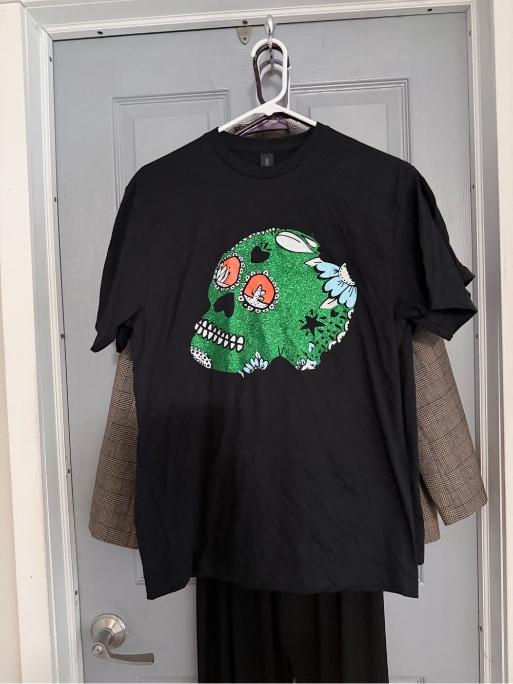 Black Halloween sugar skull unisex Graphic Tee with Green Floral Skull